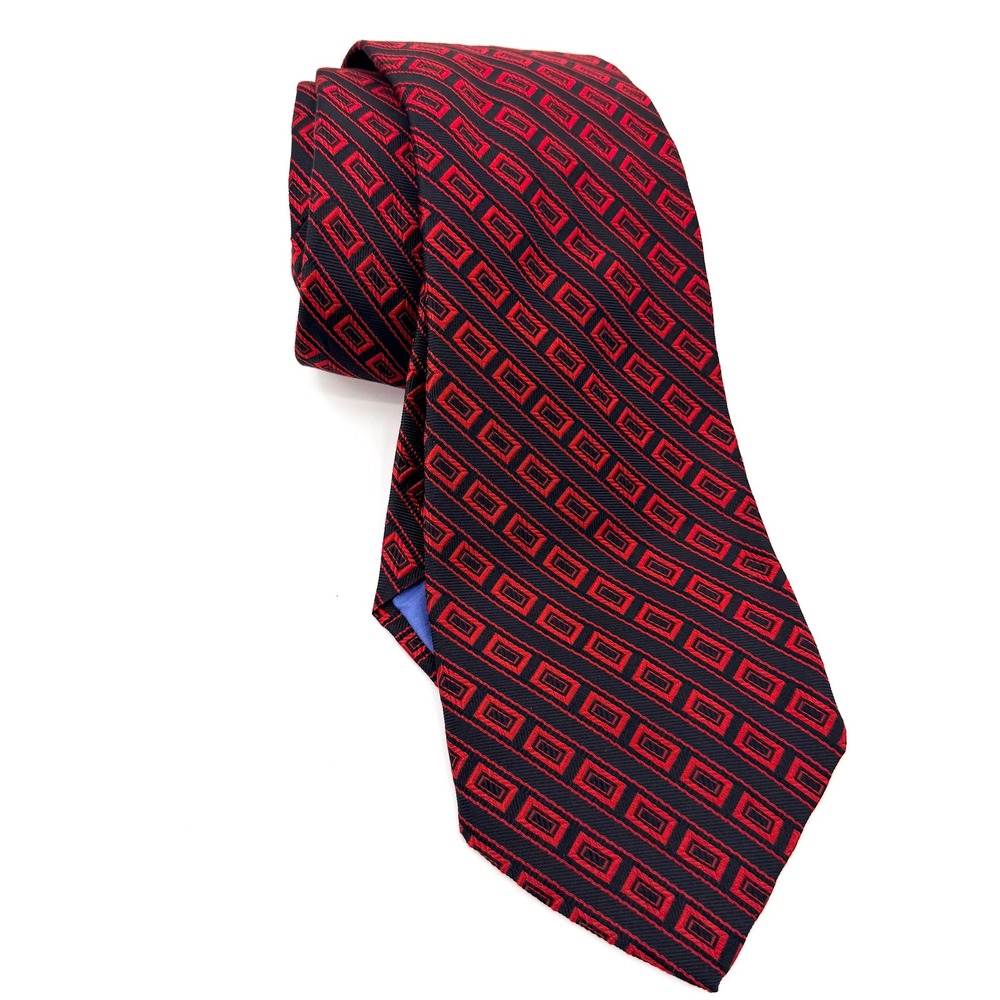 Lanvin Paris Mens Silk Tie Red Black Geometric Pattern Made in France Wide